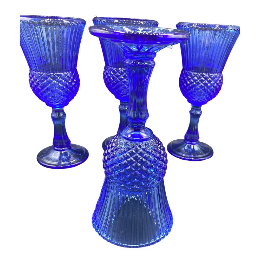 set 4 VTG Cobalt Blue Fostoria Cameo George/Martha Washington Wine Goblets - Picture 10 of 10